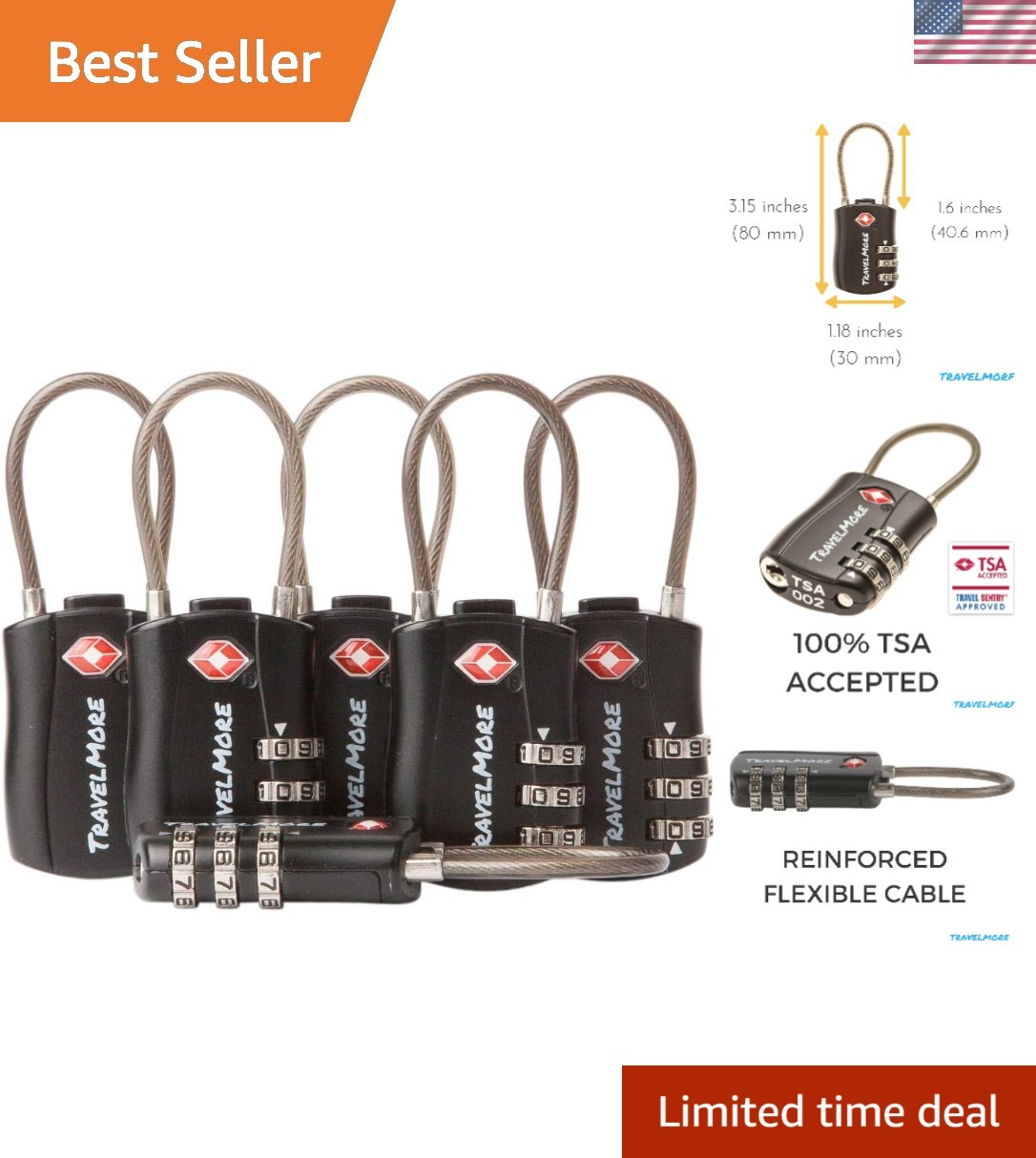 6 Pack TSA Approved Travel Combination Cable Luggage Locks for Suitcases & Ba...