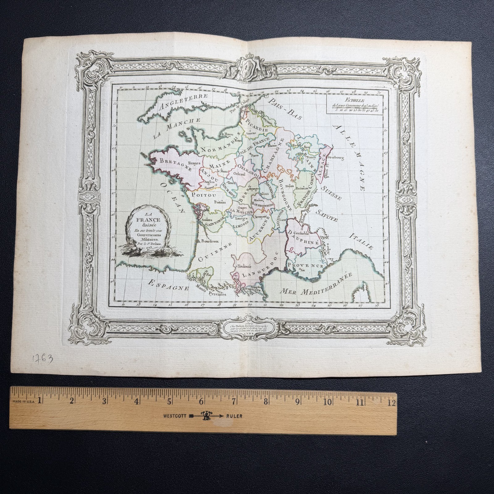 🗺️ 1763 Pair of Maps of France – Decorative Hand-Colored – 14"x11"