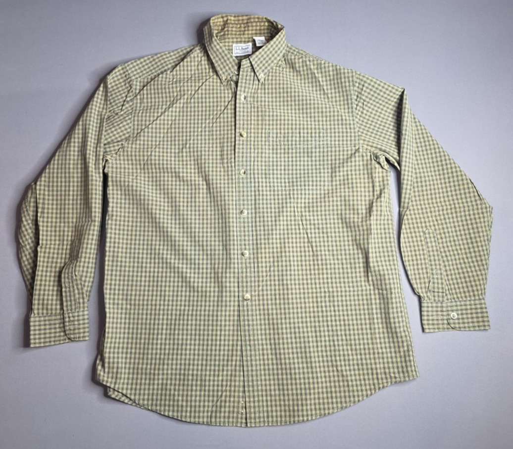L.L. Bean Men’s L Olive Check Long Sleeve Button Down Shirt 100% Cotton