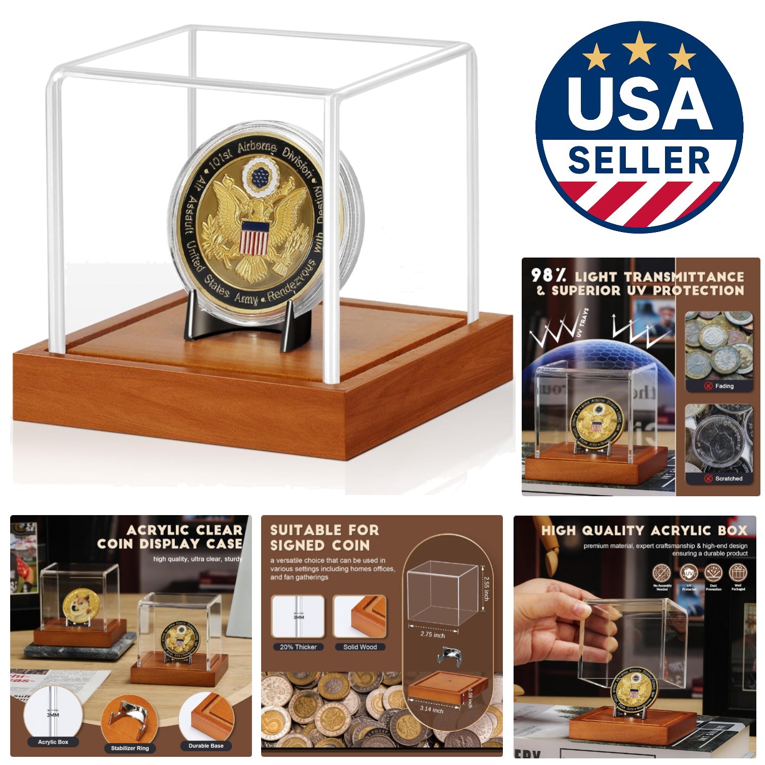 Versatile Coin Display Box - Clear Acrylic Showcase with Solid Wood Base, 3.14"