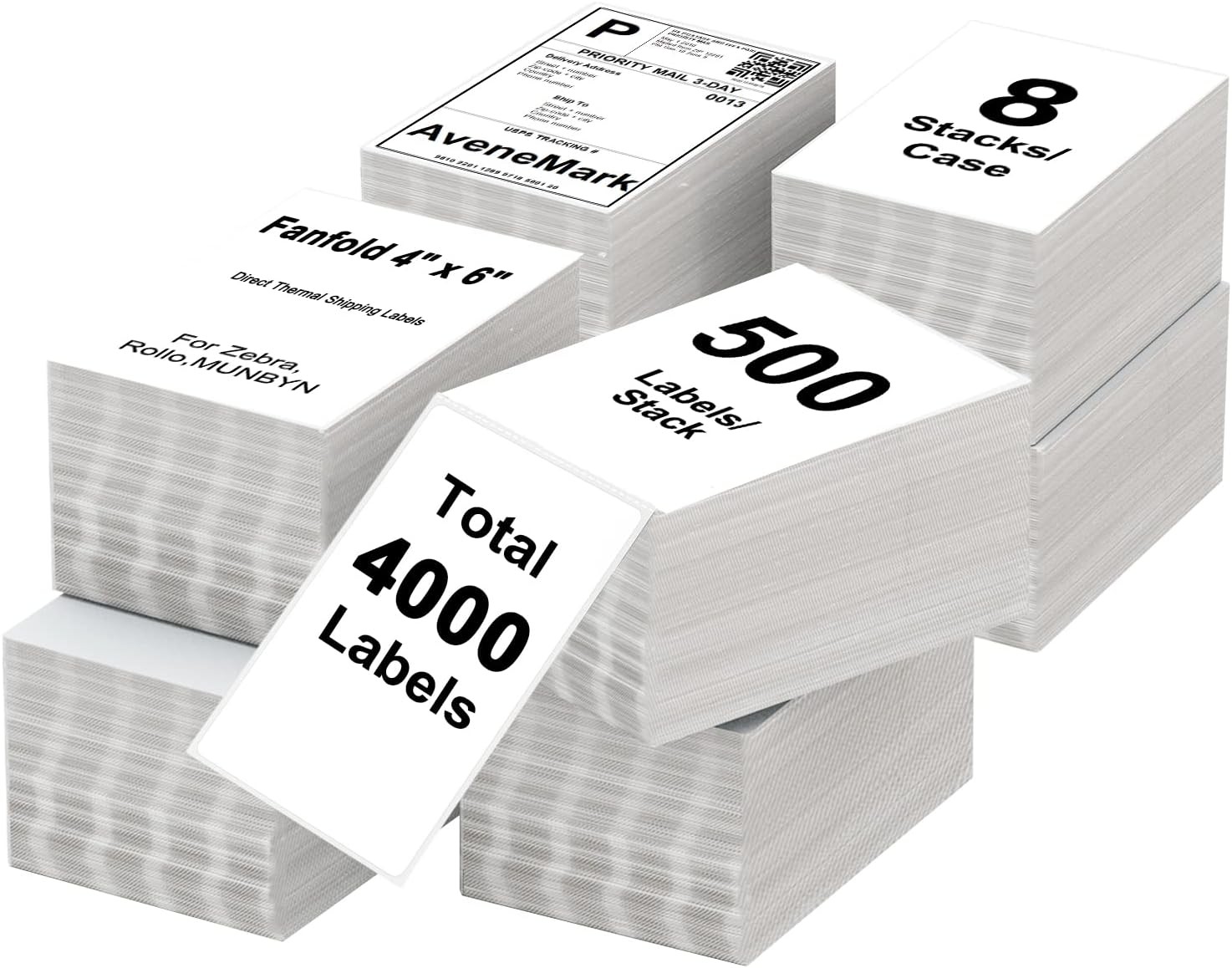AveneMark 8 Stacks 4000 Labels 4" x 6" Fanfold Direct Thermal Labels, Postage Sh