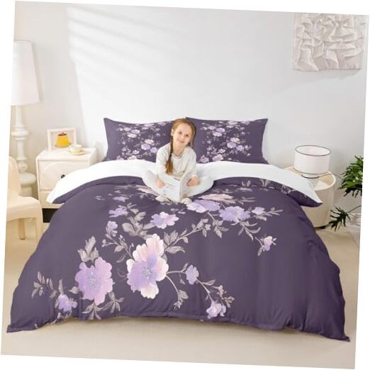 Purple Floral Duvet Cover Queen Size,Plants and Flowers Queen 90"x90" Purple 02