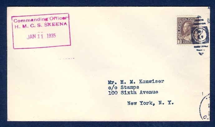 CANADA 1935 HMCS SKEENA CANCEL ADMIRAL COVER TO USA