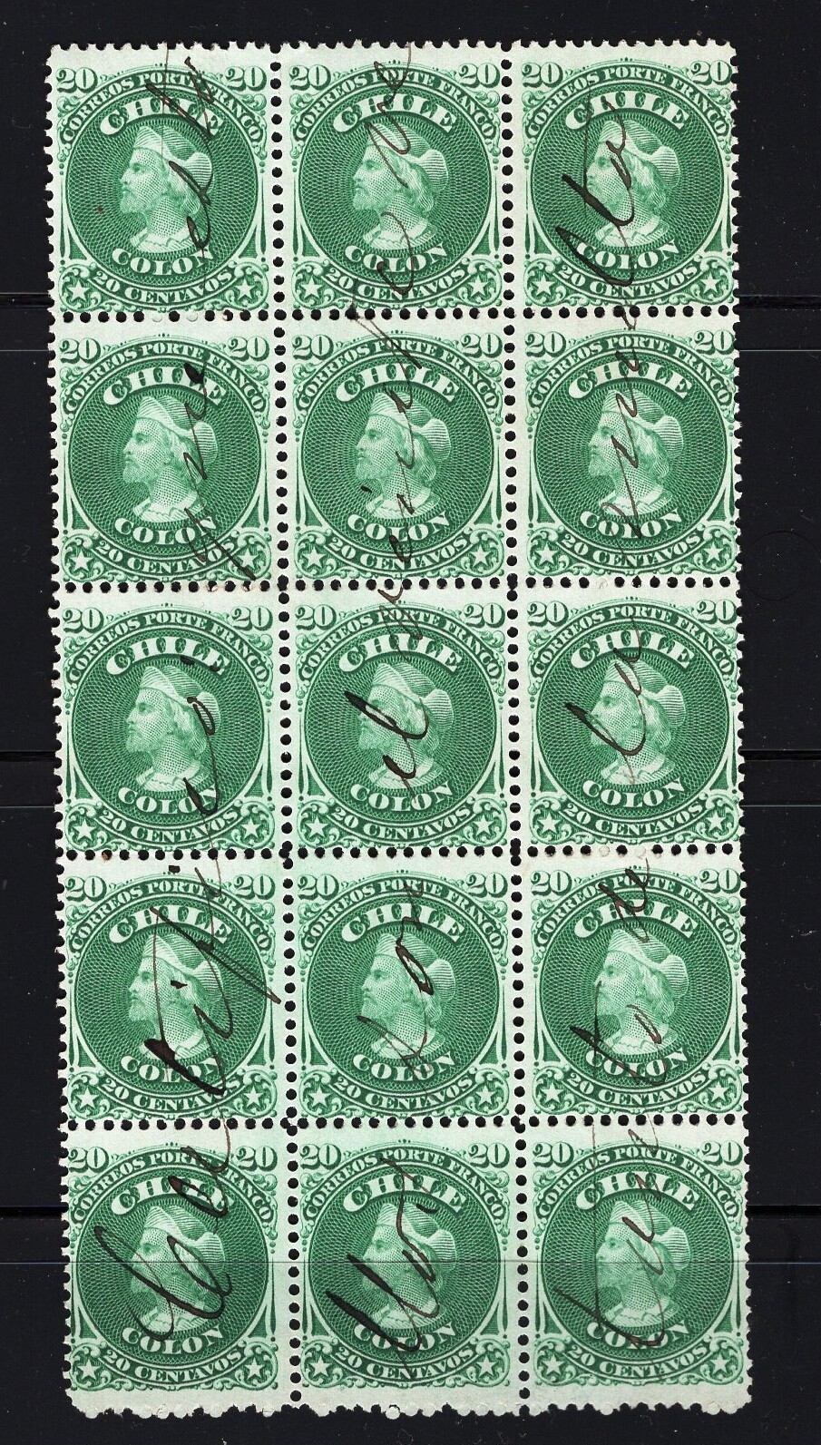 CHILE 1867 First Perforate 20c massive block of 15
