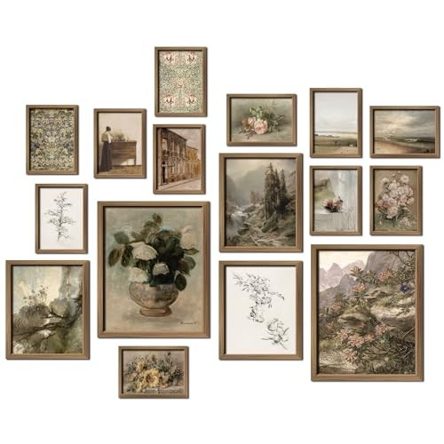 16 PCS Framed Vintage Wall Art Decor, French Country 12"x15" Framed Vintage tan