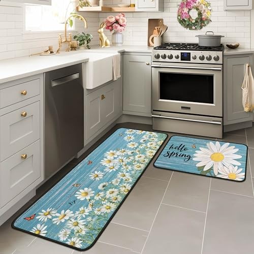 Sping Kitchen Rugs and Mats Set of 2, Sping Decor Non Slip Backing Daisy 