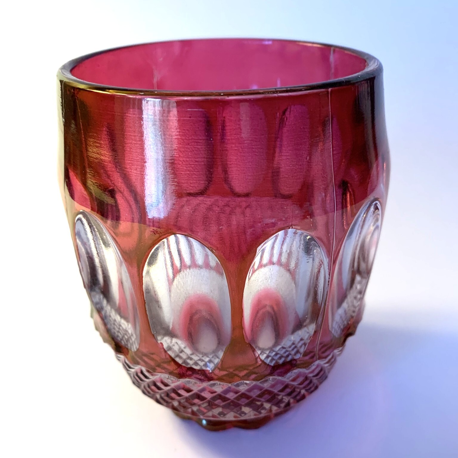 Cranberry Clear Glass Candle Votive Holder Thumb Print 4.25" tall 3.25" wide