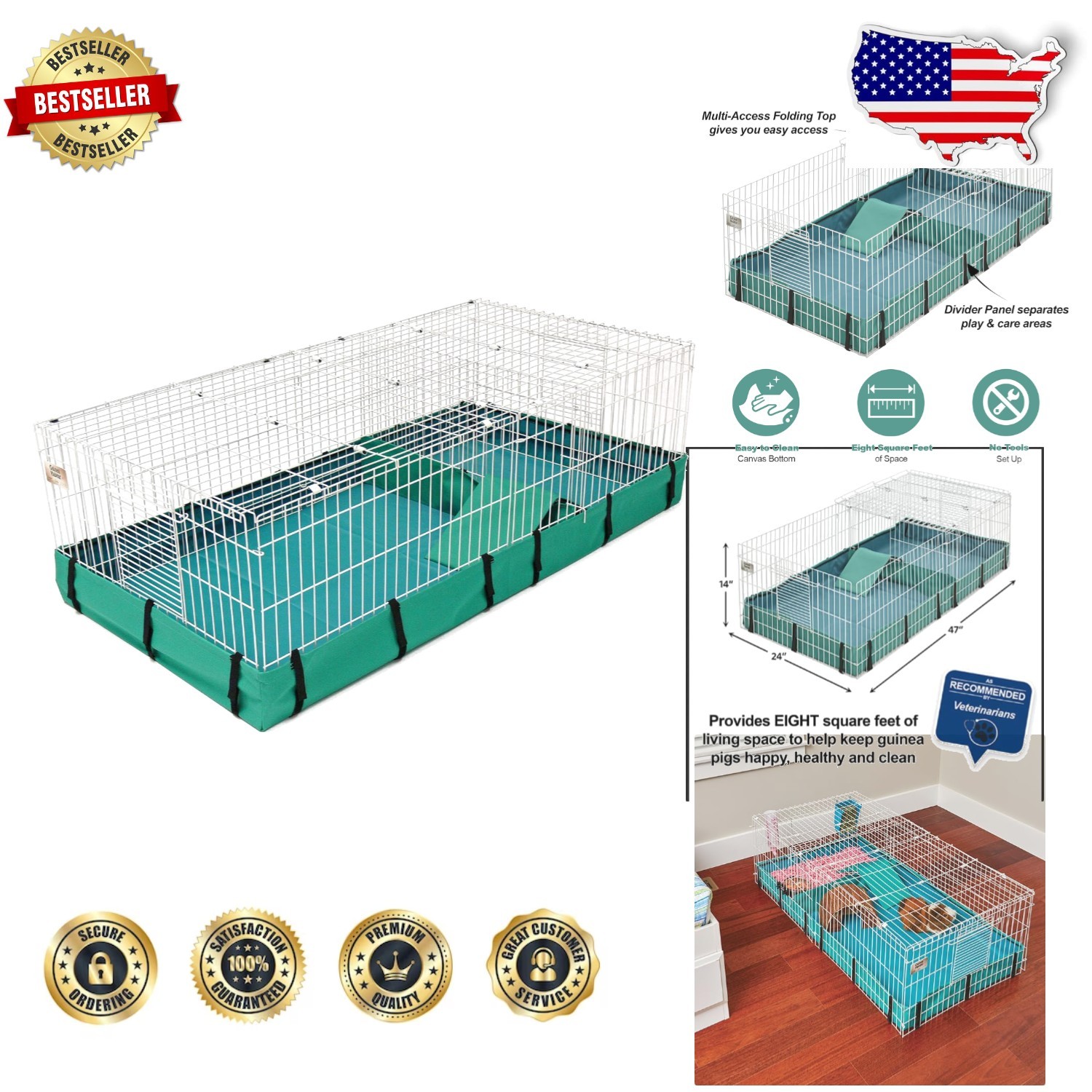 Guinea Pig Habitat Cage 47" White/Teal Hinged Top Divider Included
