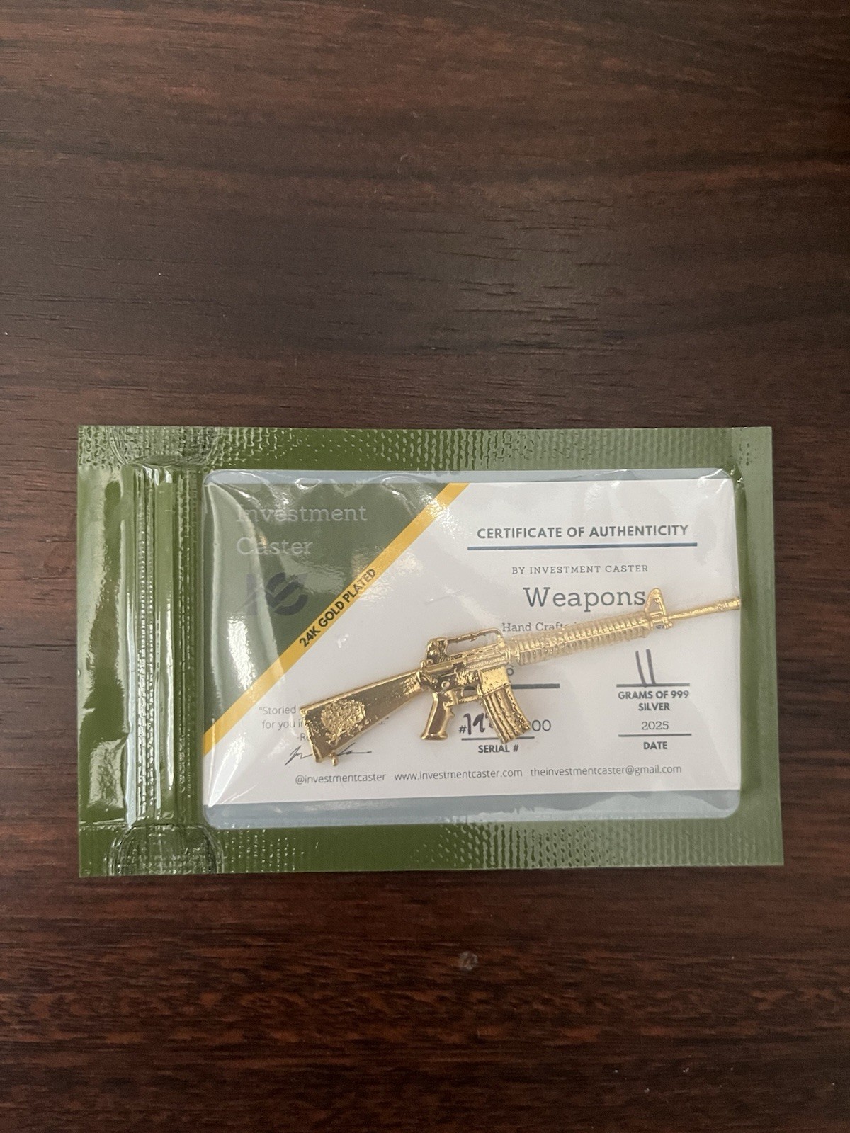 Beautiful Investment Caster M16 11 G .999 Silver 24k Gold Plated Weapon COA