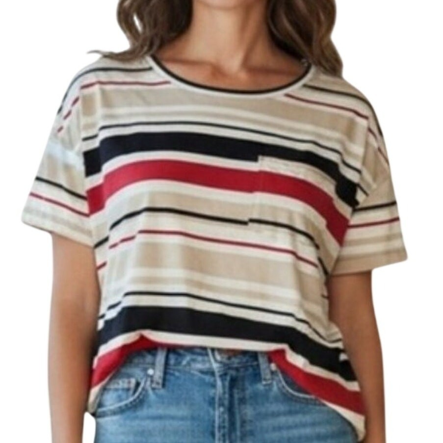 Van Heusen Women XL Short Sleeve Striped Top Boat Neck Red Black Beige RN 36543