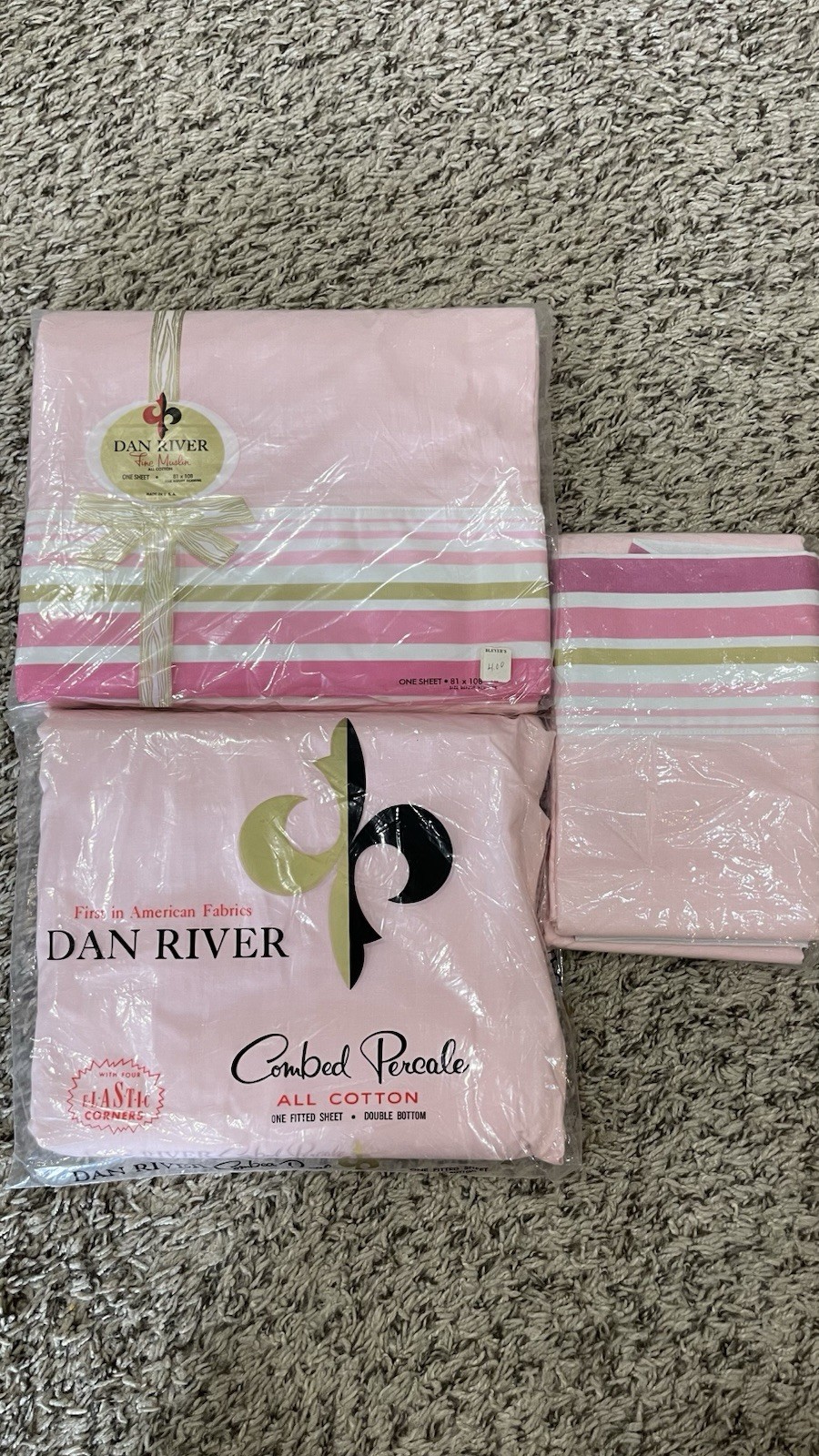Vintage Dan River Luxury Muslins All Cotton Sheet Set Pink Stripe Border NOS