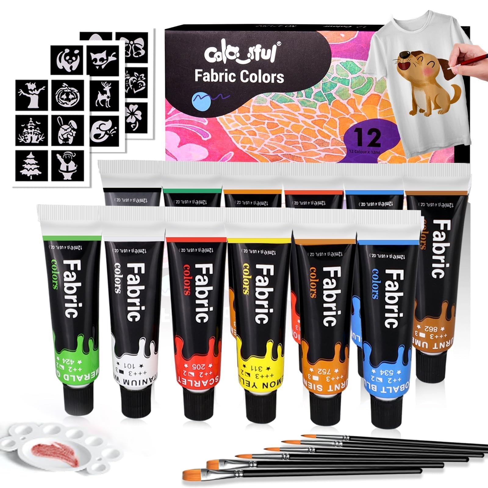 Colorful Fabric Paint Set for Clothes 12 Colors - Permanent Textile Paint Kit...