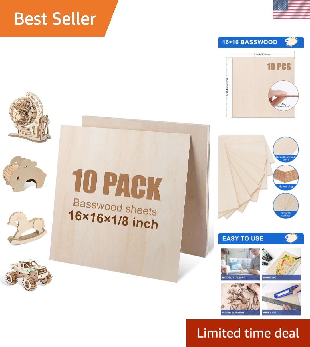 10 Pack 16x16x1/8 Inch Sheets, Large Size for Laser Cutting & Engraving, Plyw...