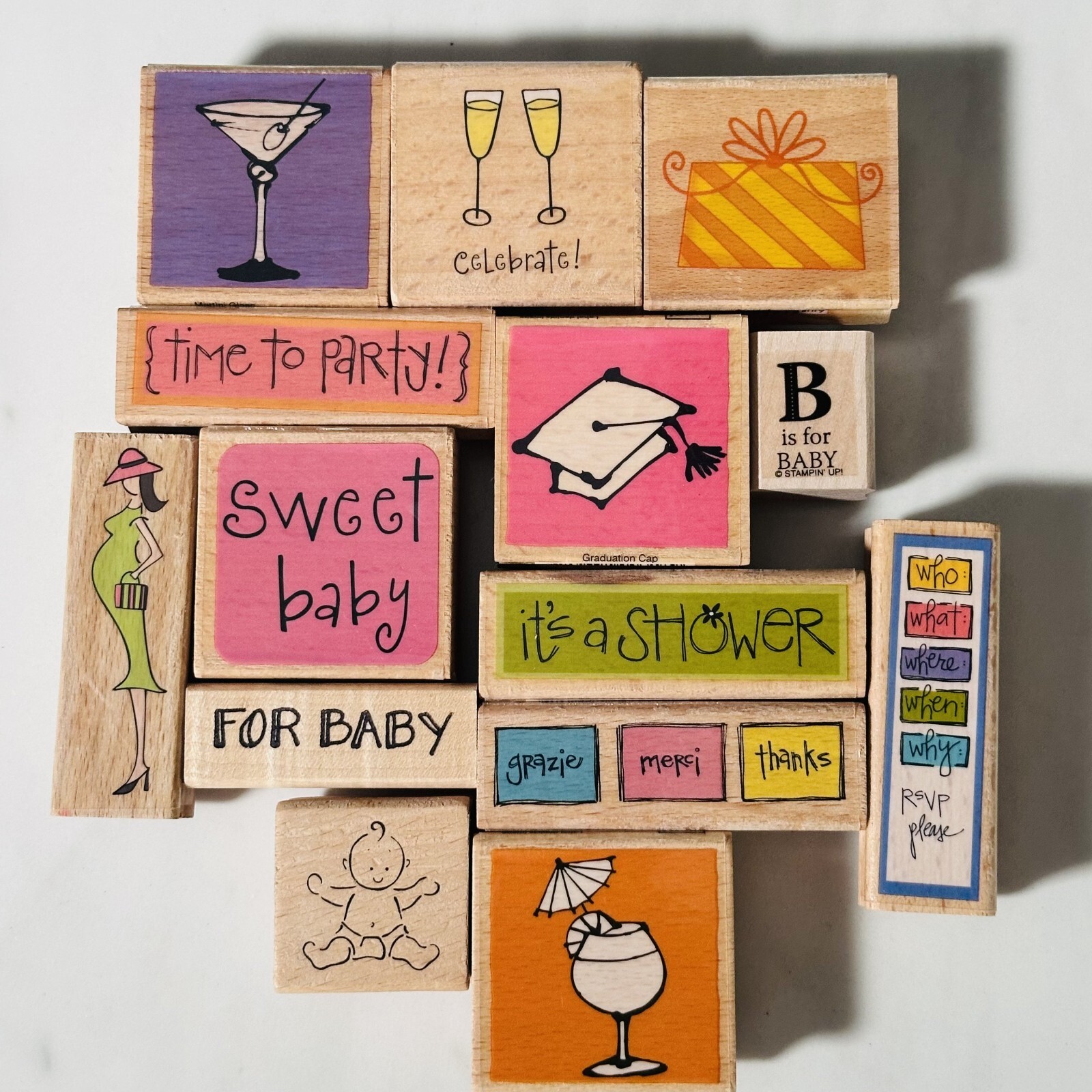 Lot of 14 - Wood Rubber Stamps - Party & Baby Shower - Mixed Brands