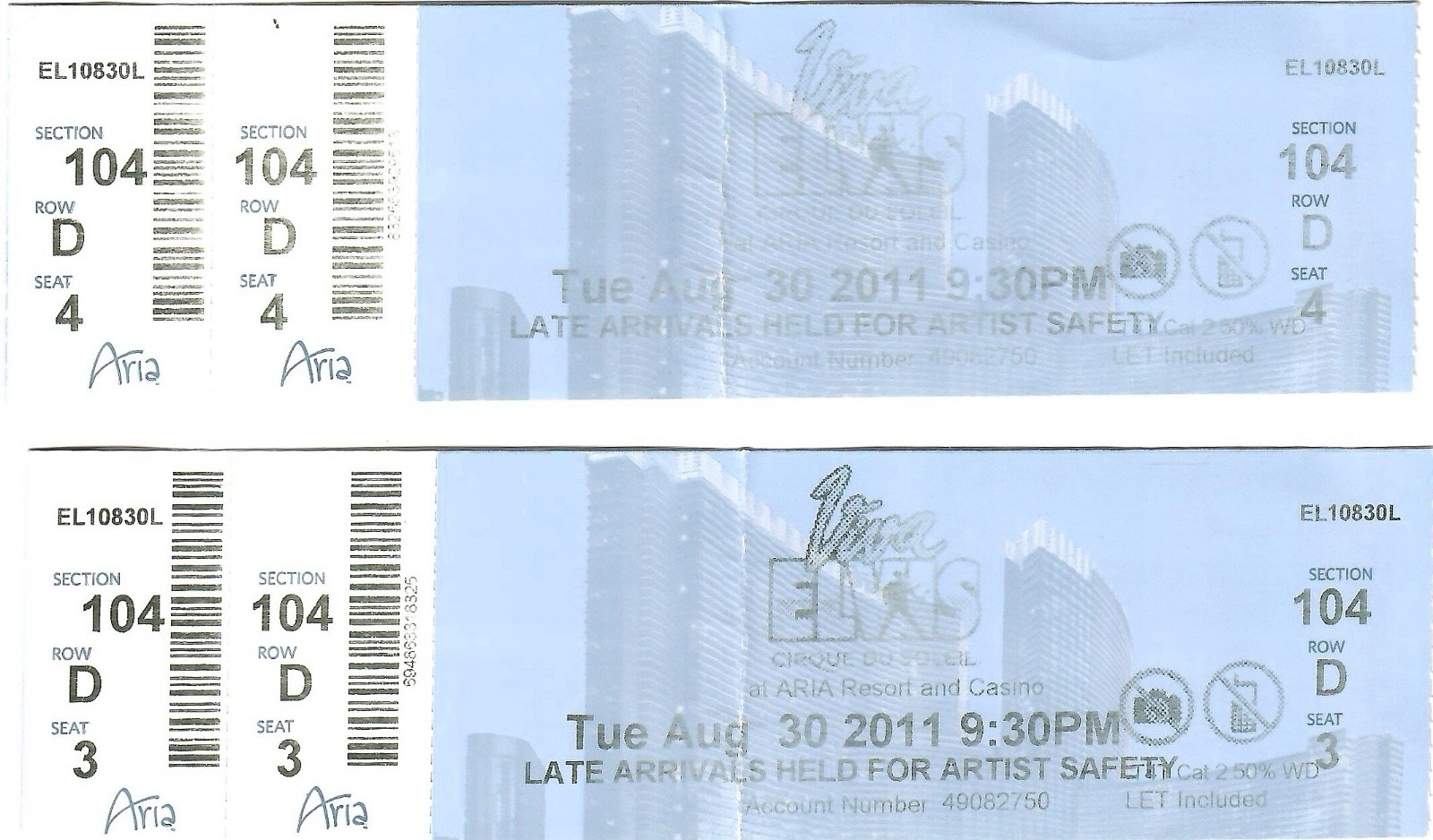 VIVA ELVIS LOT OF 2 USED TICKETS FROM 2011 CIRQUE DE SOLEIL LAS VEGAS SHOW ARIA