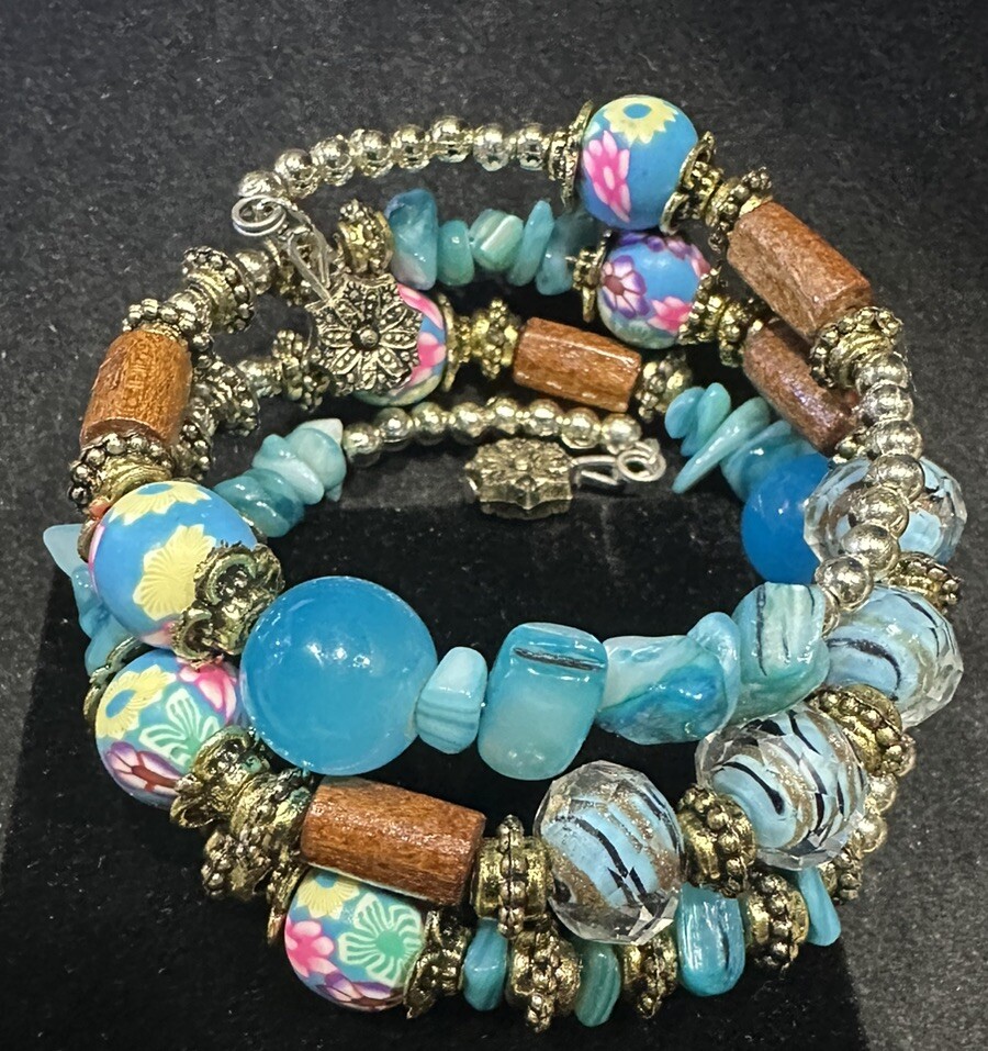 3 Tier Coil Beaded Bracelet Bangle - Glass & Wood Beads - Silver Tone - Blue EUC