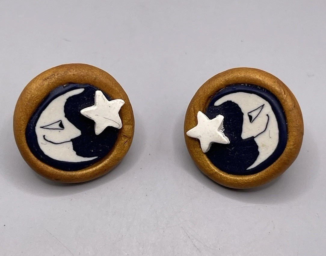 Handmade Polymer Clay Stad Earrings Moon And Stars Design