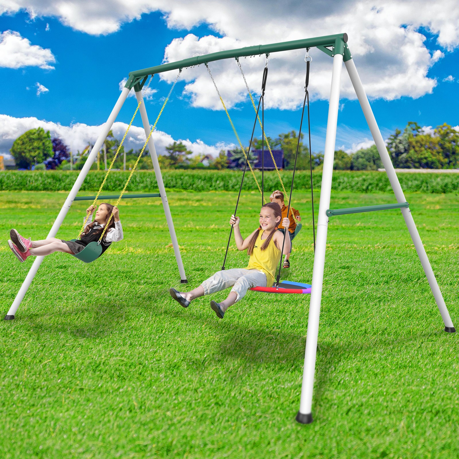 Hapfan 700lbs 9.5ft Tall Heavy Duty Swing Set for Backyard Playset with 3 Swings