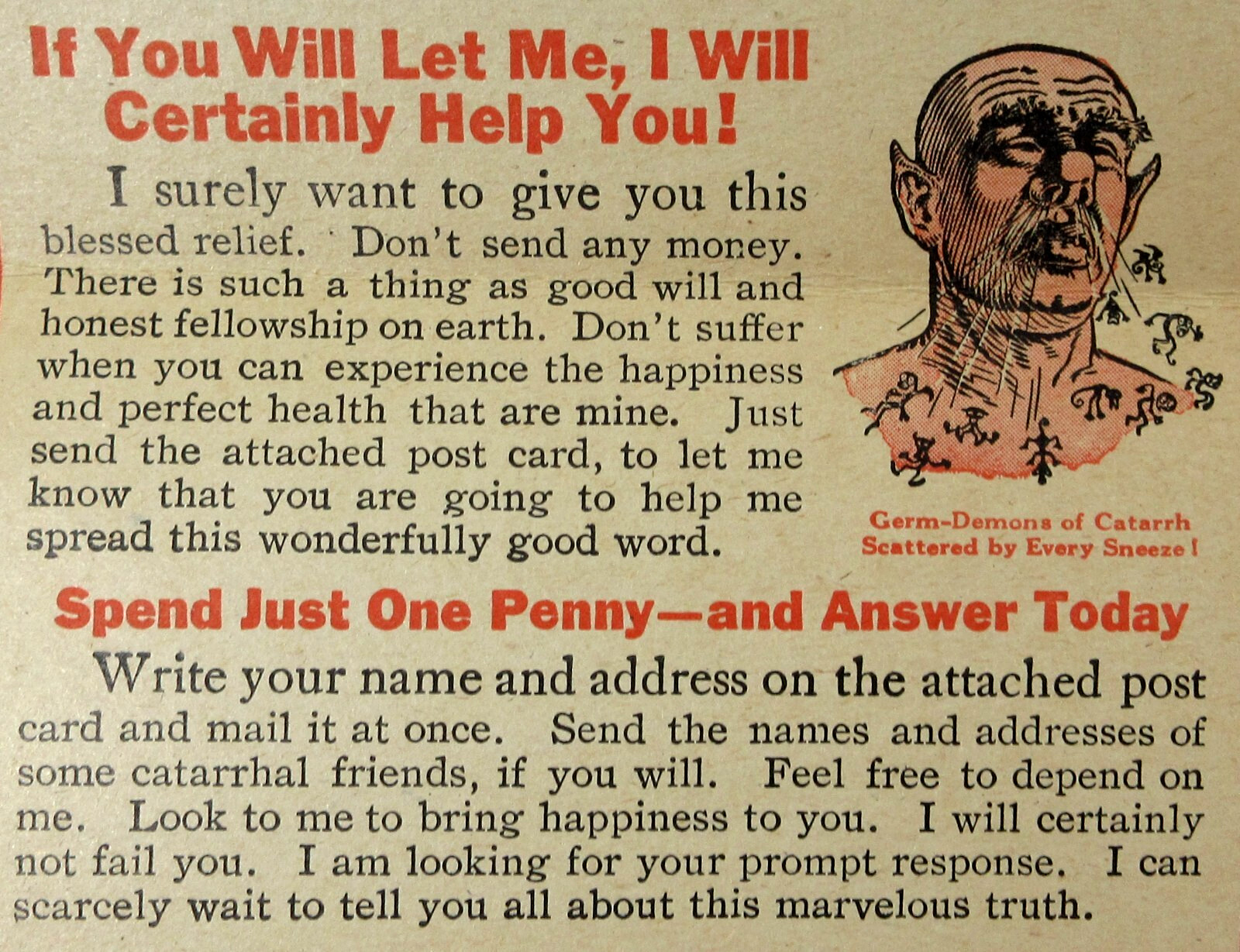 Quack Medicine Germ Demons Cure Sam Katz Catarrh Cure Advertising Mailer 1910s