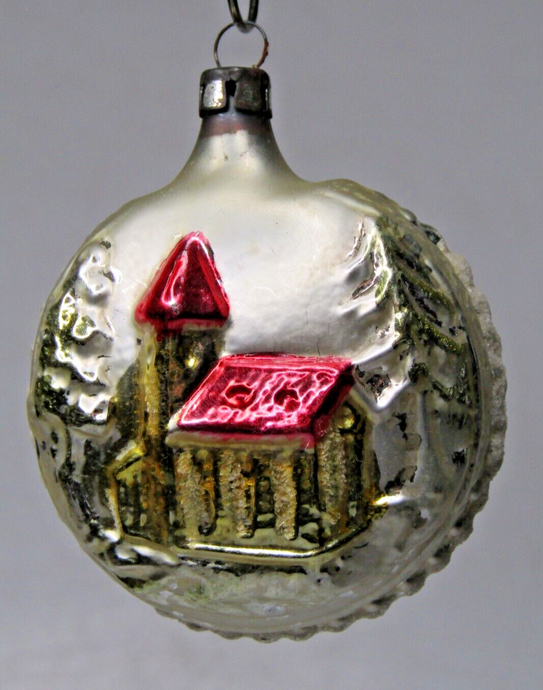 Vintage Blown Glass CHURCH HOUSE TREE Embossed OVAL Christmas Ornament Germany