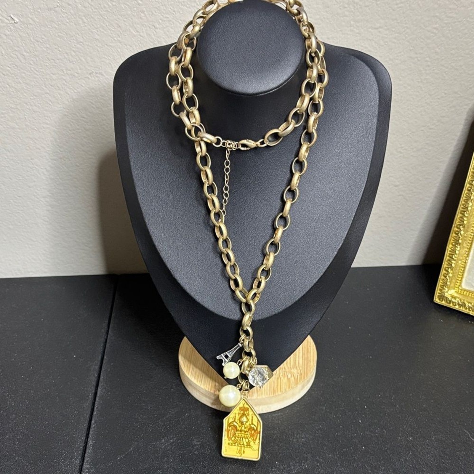 Paris Eiffel Tower Charm Faux Pearl Rhinestone Chain Link Gold Tone Necklace