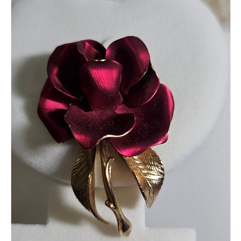Vintage Cerrito Gold Tone Red Rose 2" Brooch Pin