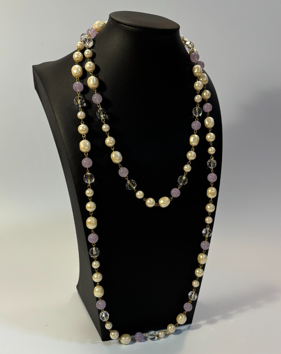 Pearl Necklace Gold Tone Purple Maximalist Multi Strand Regency Core