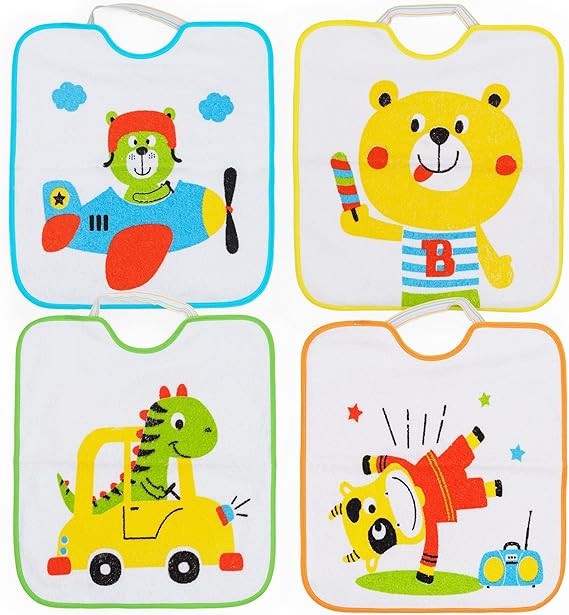 Baby Bibs 4 Pack Waterproof Cotton Terry Absorbent Toddler Feeding Set Cartoons