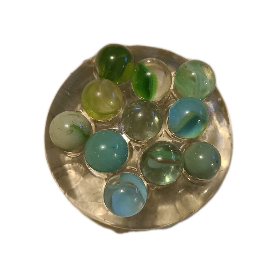 Lot Of 11 Estate Sale Marbles Dark Greens And Clear Some Cat Eyes Not UV