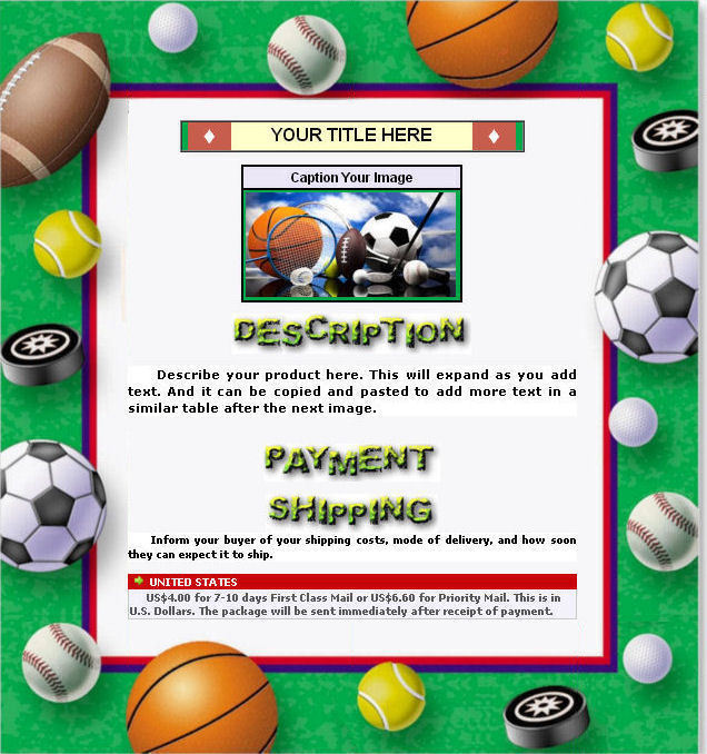 AUCTION TEMPLATE Sports Border Design - FREE Email Shipping