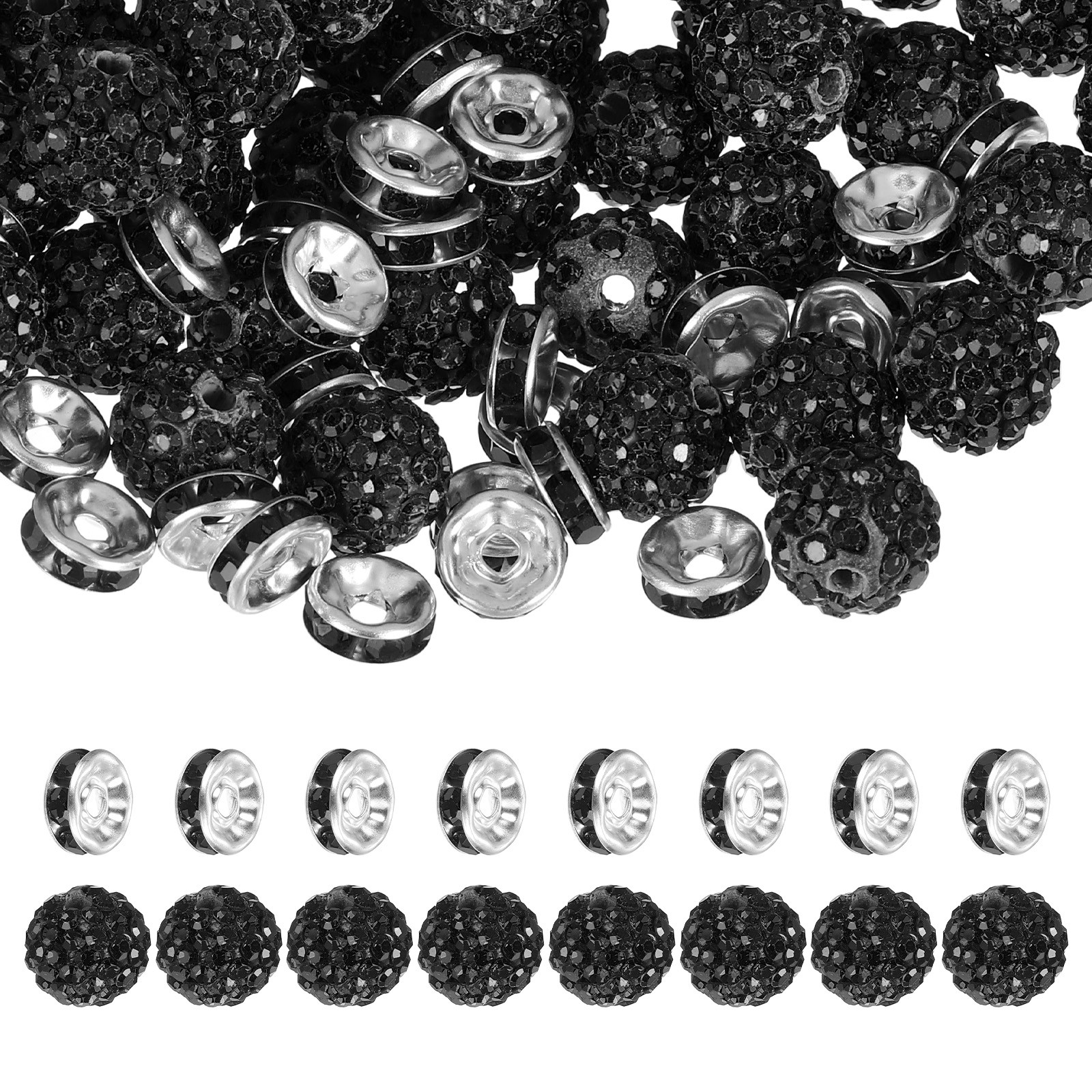 120Pcs Rhinestone Beads, 10mm Bead/8mm Crystal Spacer (Black)