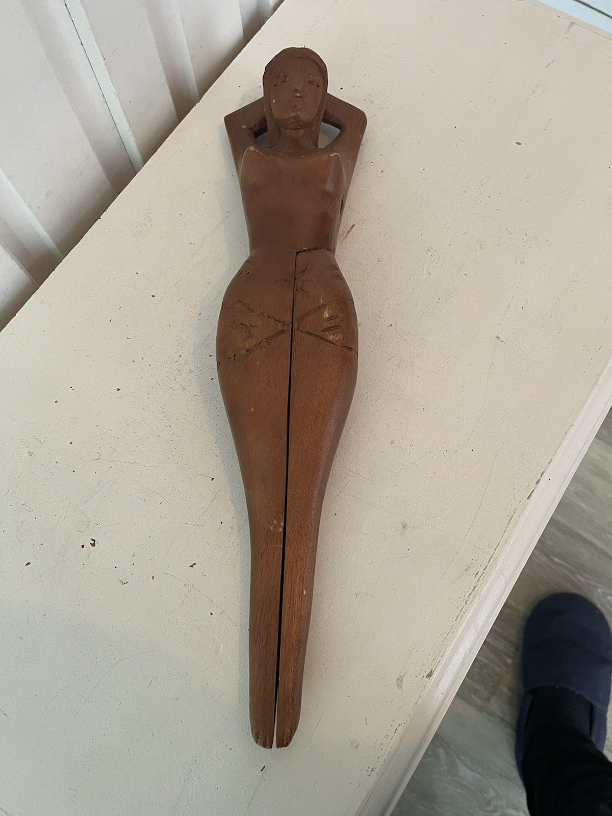Vintage Philippine Hand Carved woman wood Nut Cracker Folk Art mid-20th century