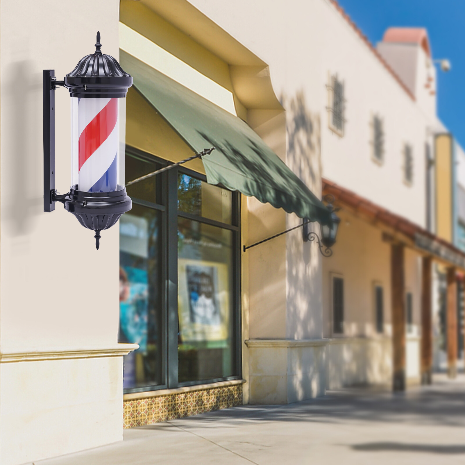 Barber Pole LED Light Red White Blue Rotating Stripes Metal Hair Salon Shop Sign