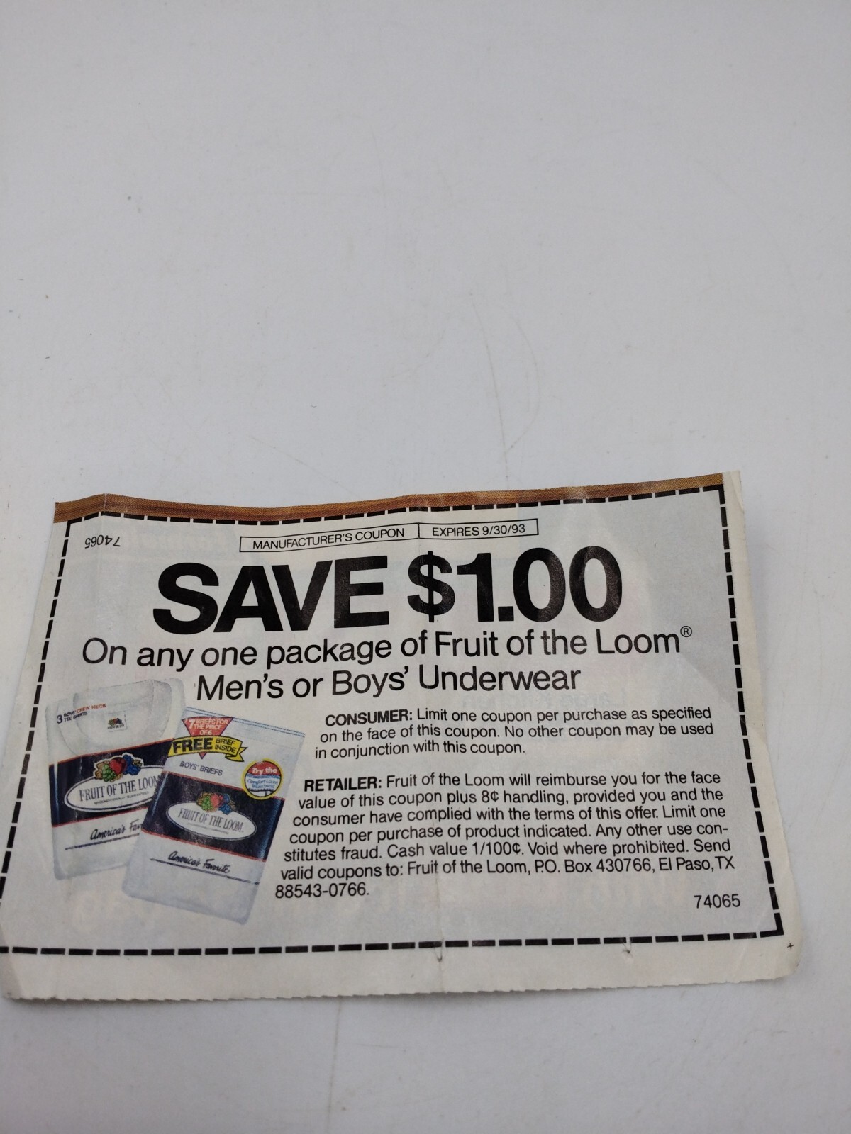Vintage 1993 Coupon Of Fruit Of The Loom Underwear Save $1.00  Off Exp 9/30/93