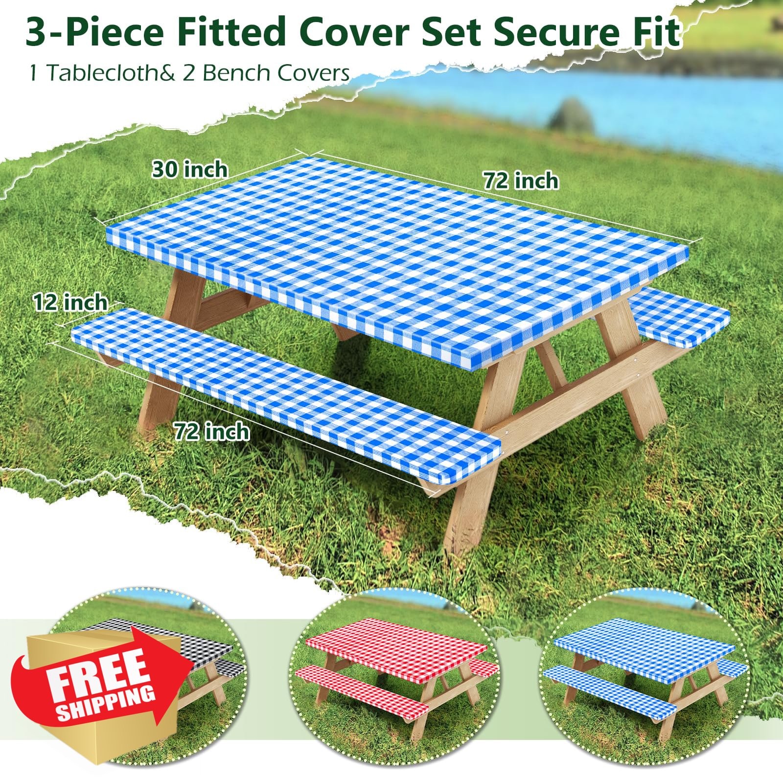 Picnic Table Cover 72x30in w/ Bench Covers 3 Pc Blue Elastic Bag