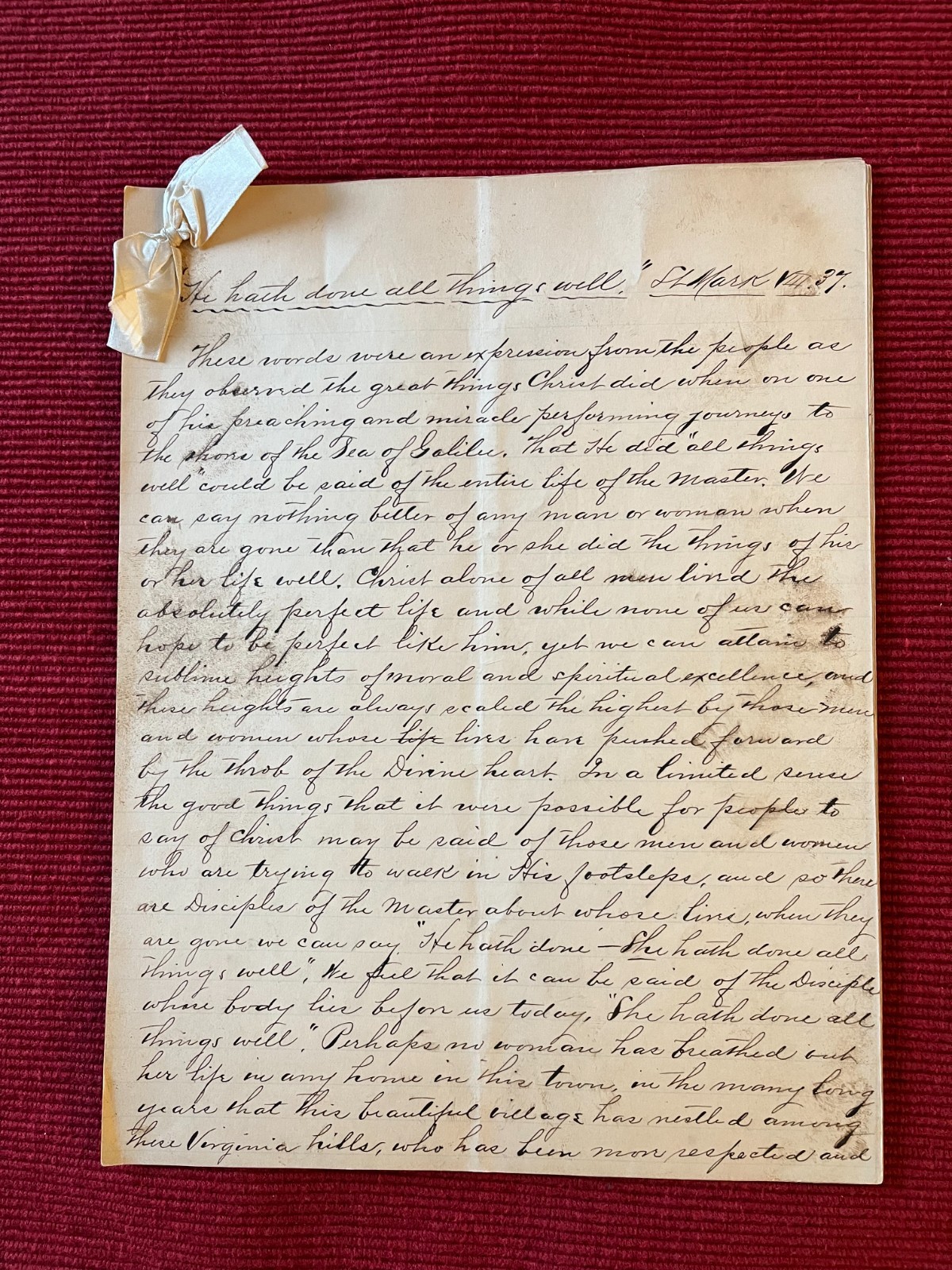 1903 Handwritten Sermon Mark VIII.37 by Rev Daniel Martin 6 Pages