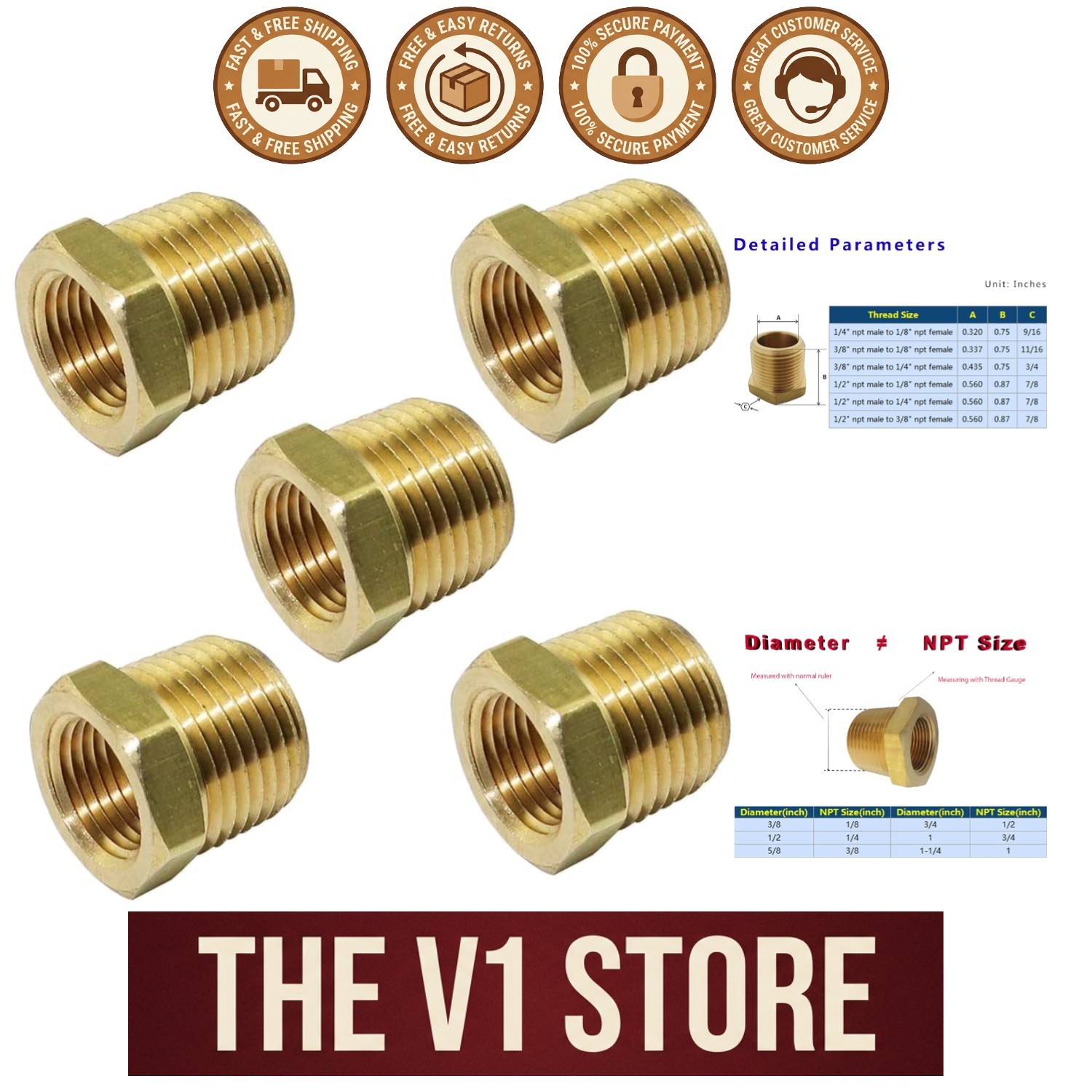 5 Pack of 1/2" Male to 1/4" Female NPT Brass Reducer Connectors - Durable Design