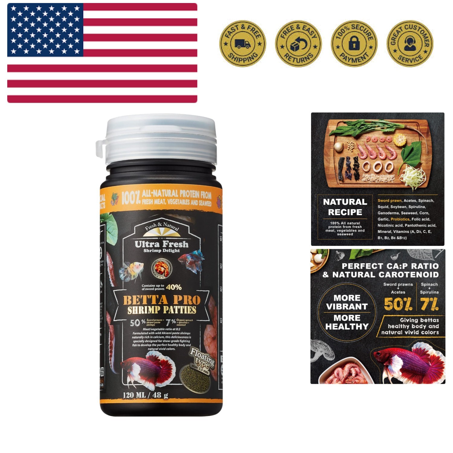 Betta Fish Food, Betta Pro Shrimp Patties, 50% Sword Prawns + Akiami Paste Sh...