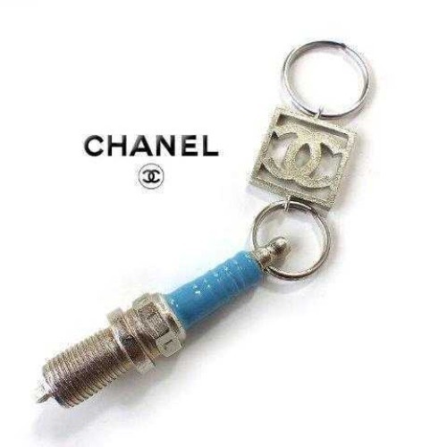 CHANEL Key Chain Charm Metal Coco Mark Silver Blue Unisex