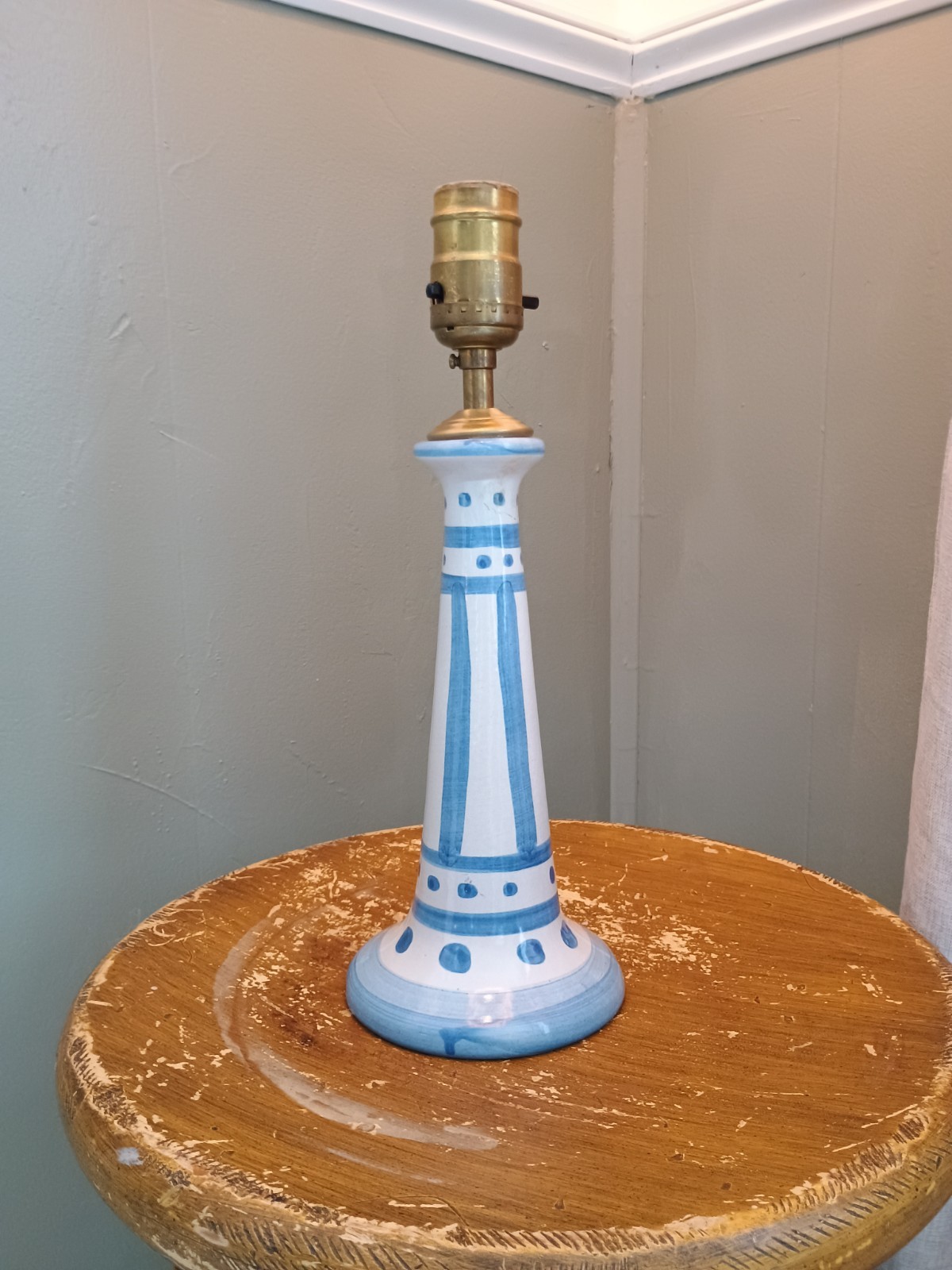 M A Hadley Signed Lamp Blue White Stripes 12.5 x 4.5 Hand Painted Cottage WORKS!