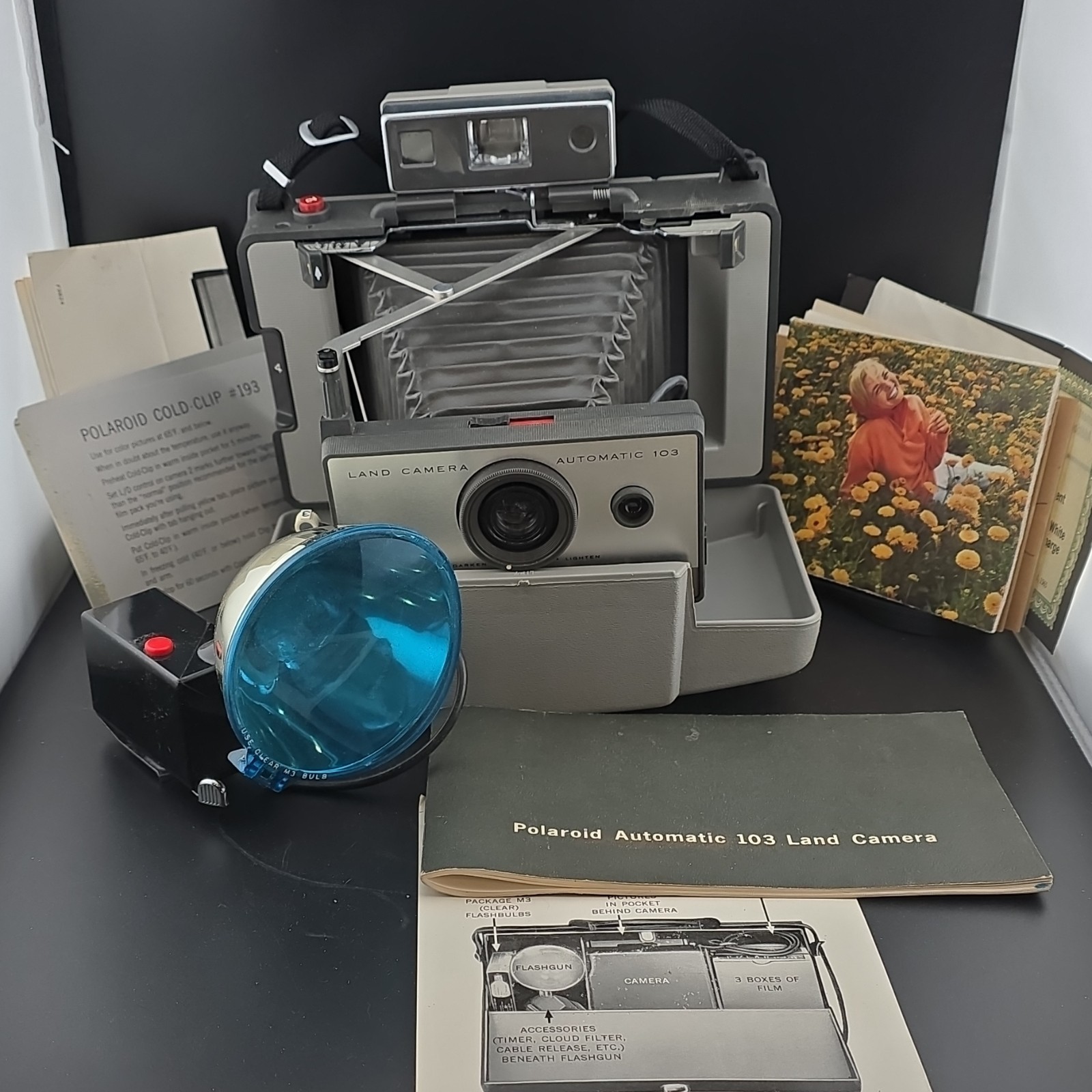 Polaroid Automatic 103 Land Vintage Instant Camera Gray w/ Flash, Manuals