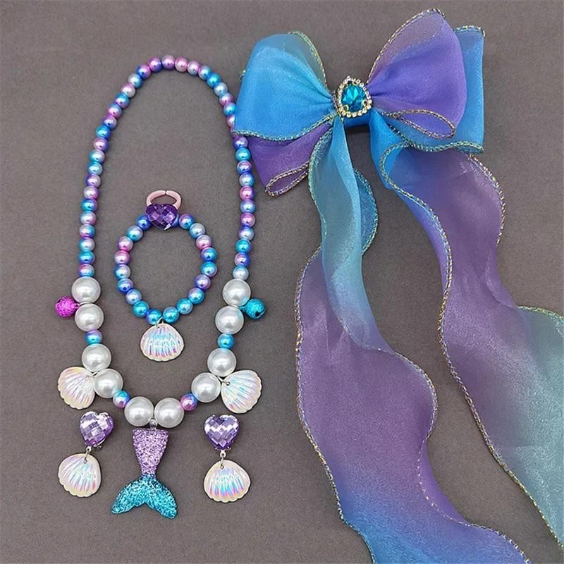 Girls Mermaid Hair Accessories Set – Purple 5 pcs Clips Elastic Bands Necklace
