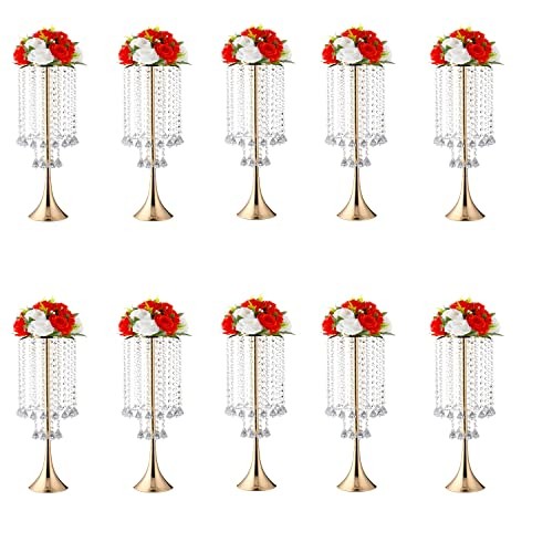 Set of Crystal Flower Stand Centerpieces Tall Metal Flower 10pcs Gold