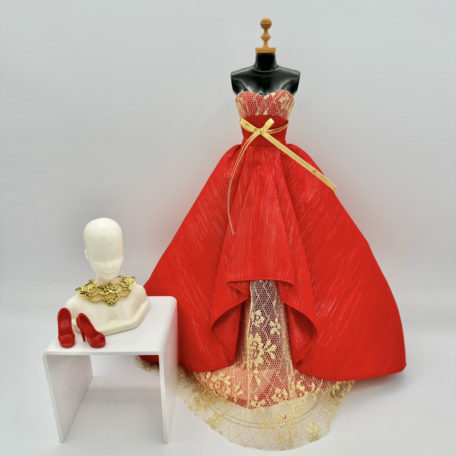 Barbie Formal Ball Gown Dress Red Gold Holiday Gala Outfit Shoes Jewelry