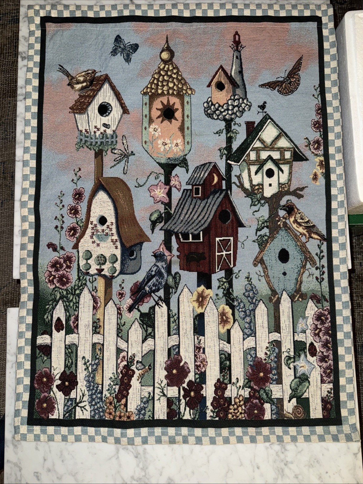 Vintage Birdhouse Bird  Flowers Wall Hanging Tapestry Panel 34” X 25” USA