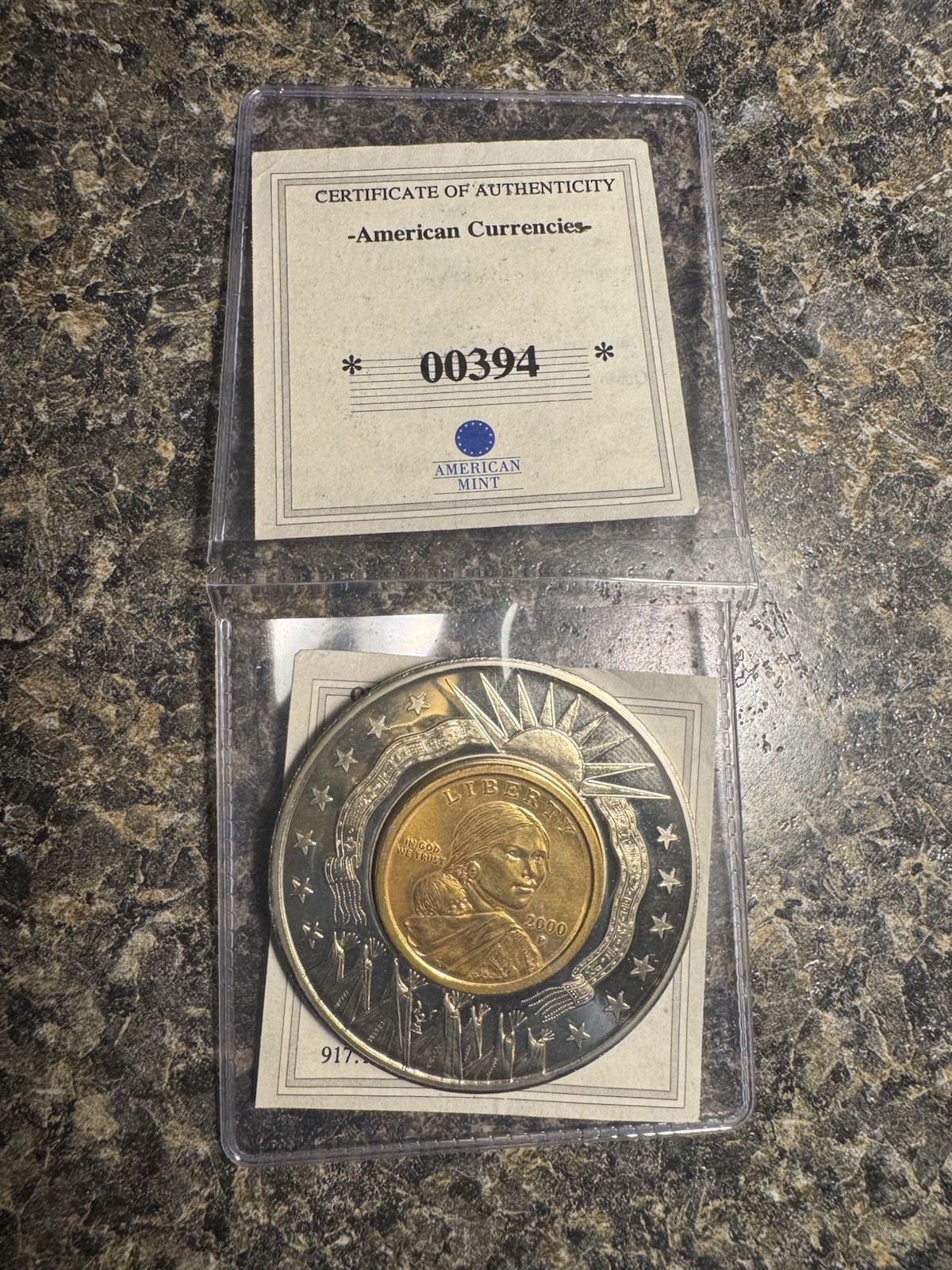 2001 American Mint Sacagawea Dollar Gold Plated Inlay Numismatic Medal 