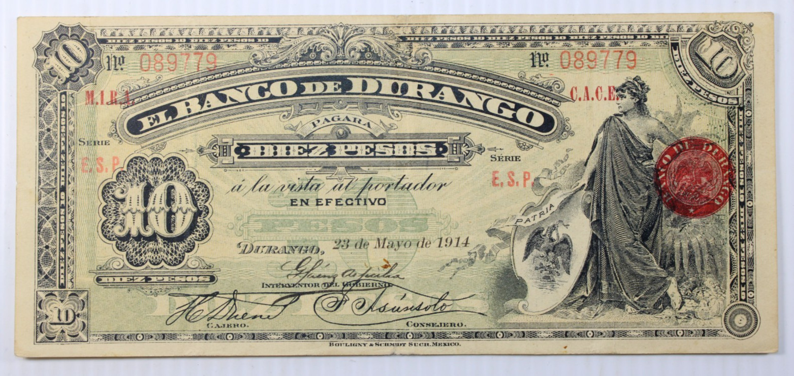 10 Peso 1914 Mexico EL Banco De Durango, VF   # 0474