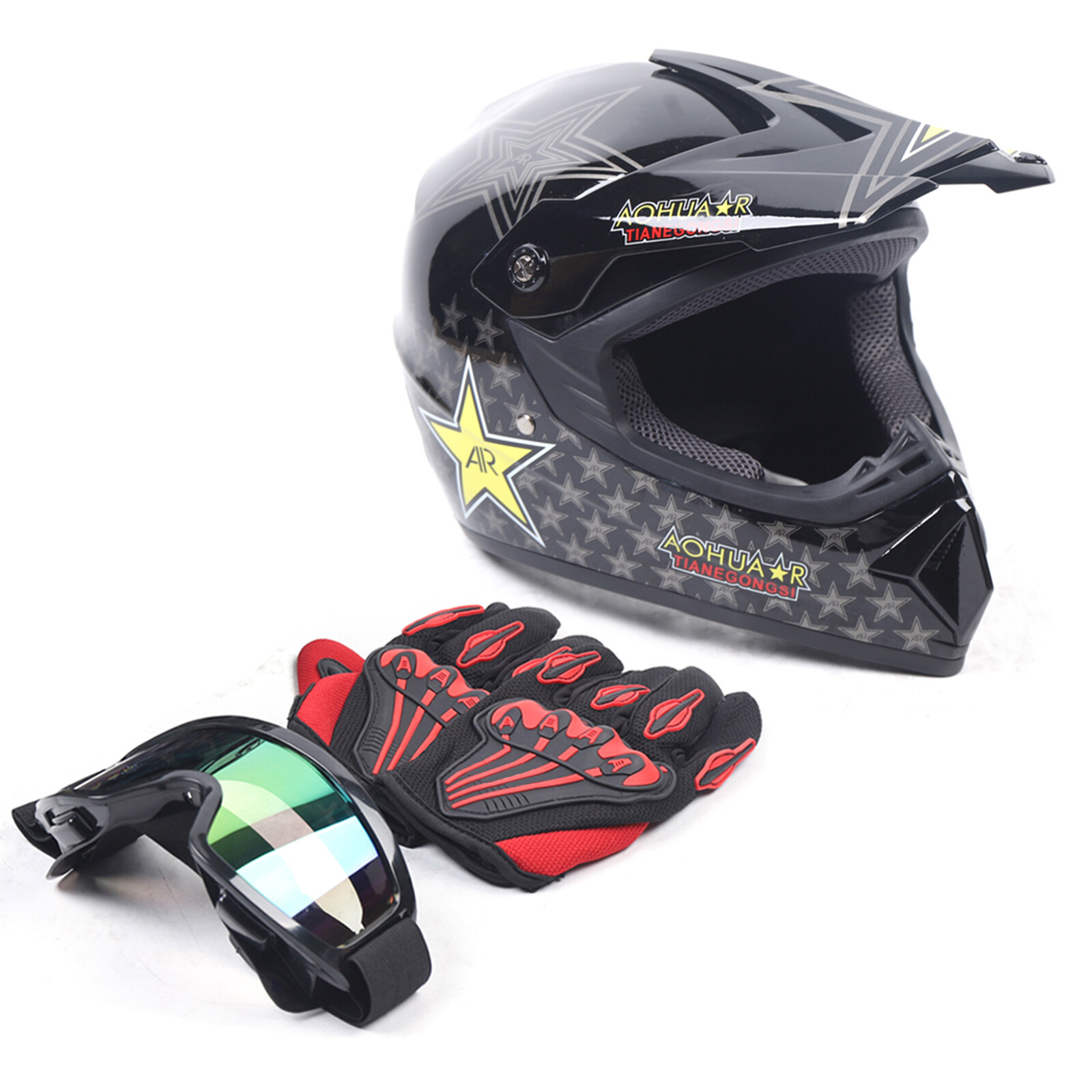 Motorcycle Helmet Set Helmets Set with Goggles and Gloves Helmet Kit Black (M)