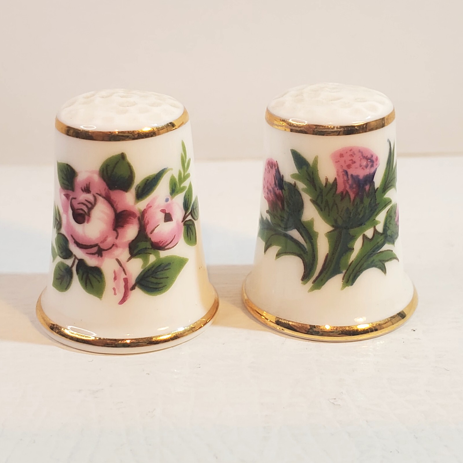 Vintage Set of 2 Aynsley Porcelain Thimbles Pink Flowers Floral Collection