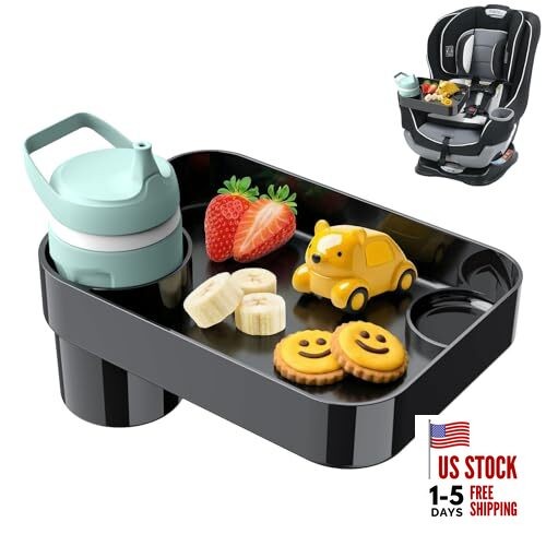 Car Seat Snack Tray for Toddlers - 3 Inch Cup Holder Fits Most Sippy 1 Black